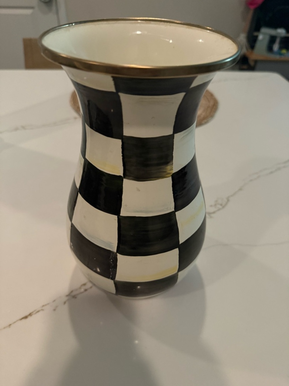 MacKenzie-Childs Black, White & Gold Checkered Decorative Ceramic Vase